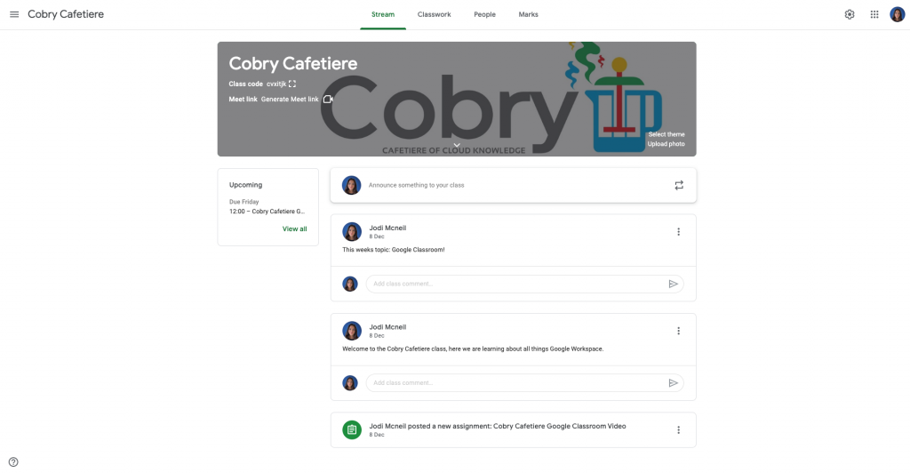 Google Classroom newsfeed